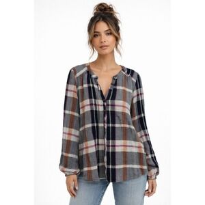 Mason & Belle Womens Plaid Button Front Blouse XL Navy Grey Magenta NWT